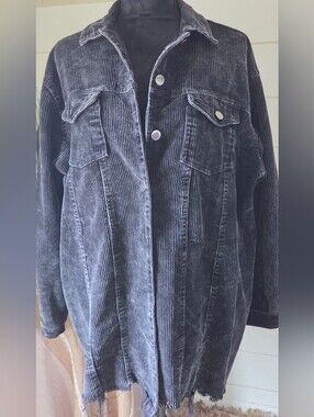 POL Black Corduroy Shacket Mineral Wash Raw Hem Button Jacket Oversized Boho M
